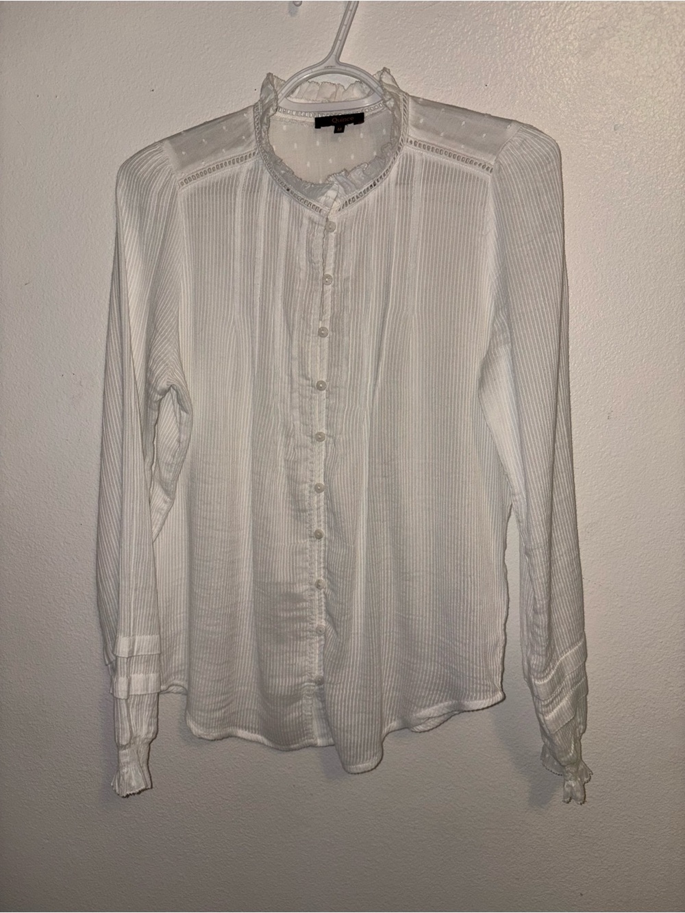 Quince White Ruffled Collar Button-Front Blouse Size Medium